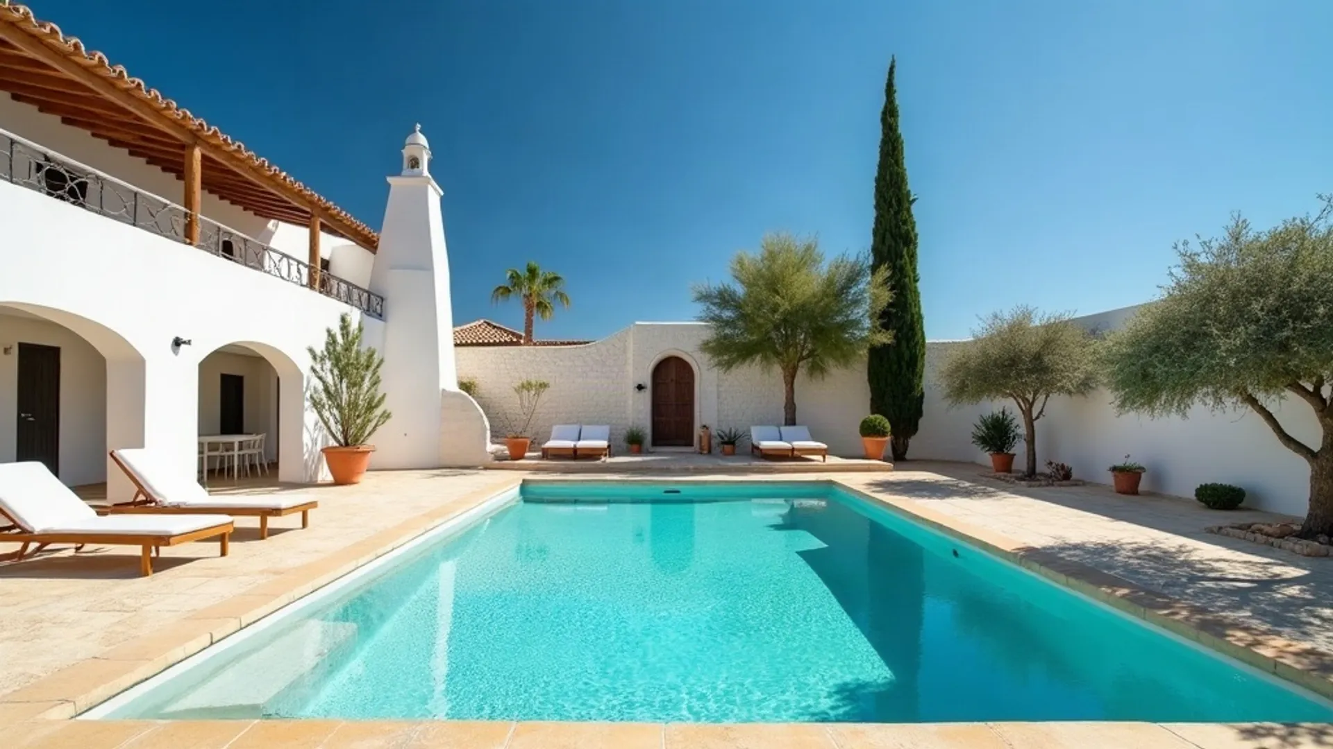 Piscina rectangular de agua turquesa en el jardín de una casa encalada, con coronación de piedra natural
